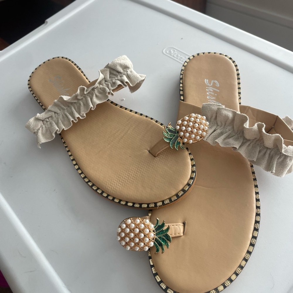 Shishang Tan Ruffle Sandals with pineapple jeweled toe loop and Flat Sole